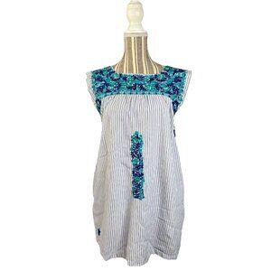 J Marie Blue White Stripe Embroidered Floral Adeline Mini Dress SMALL Womens